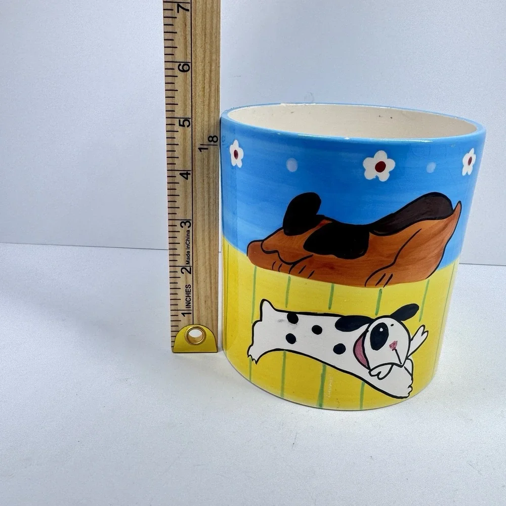 Vigor Ceramic Cartoon Dog Planter Pot Blue Yellow Vintage 5 Inch Flower Pot Deco